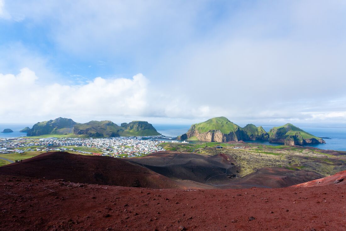 The view atop Heimaey Island from Eldfell Volcano lava fields