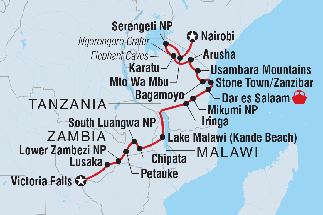 Map of Vic Falls To Kenya including Kenya, Malawi, Tanzania, United Republic Of, Zambia and Zimbabwe