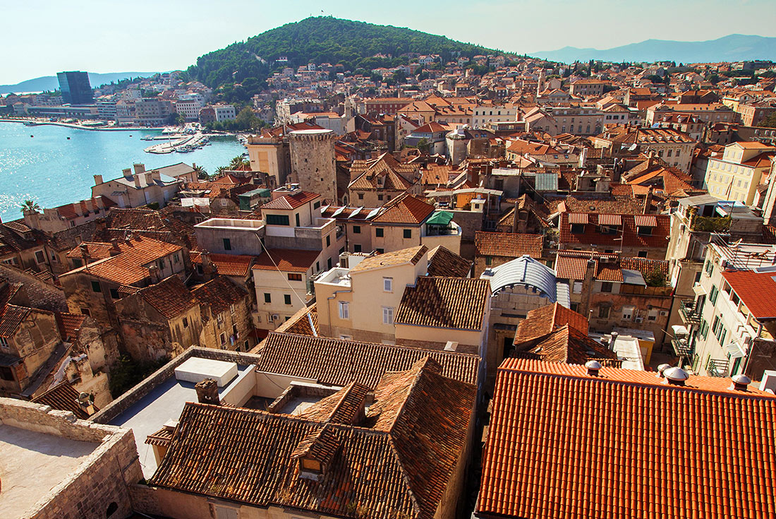 Aerial view of old town buildings and harbour, Split, Croatia