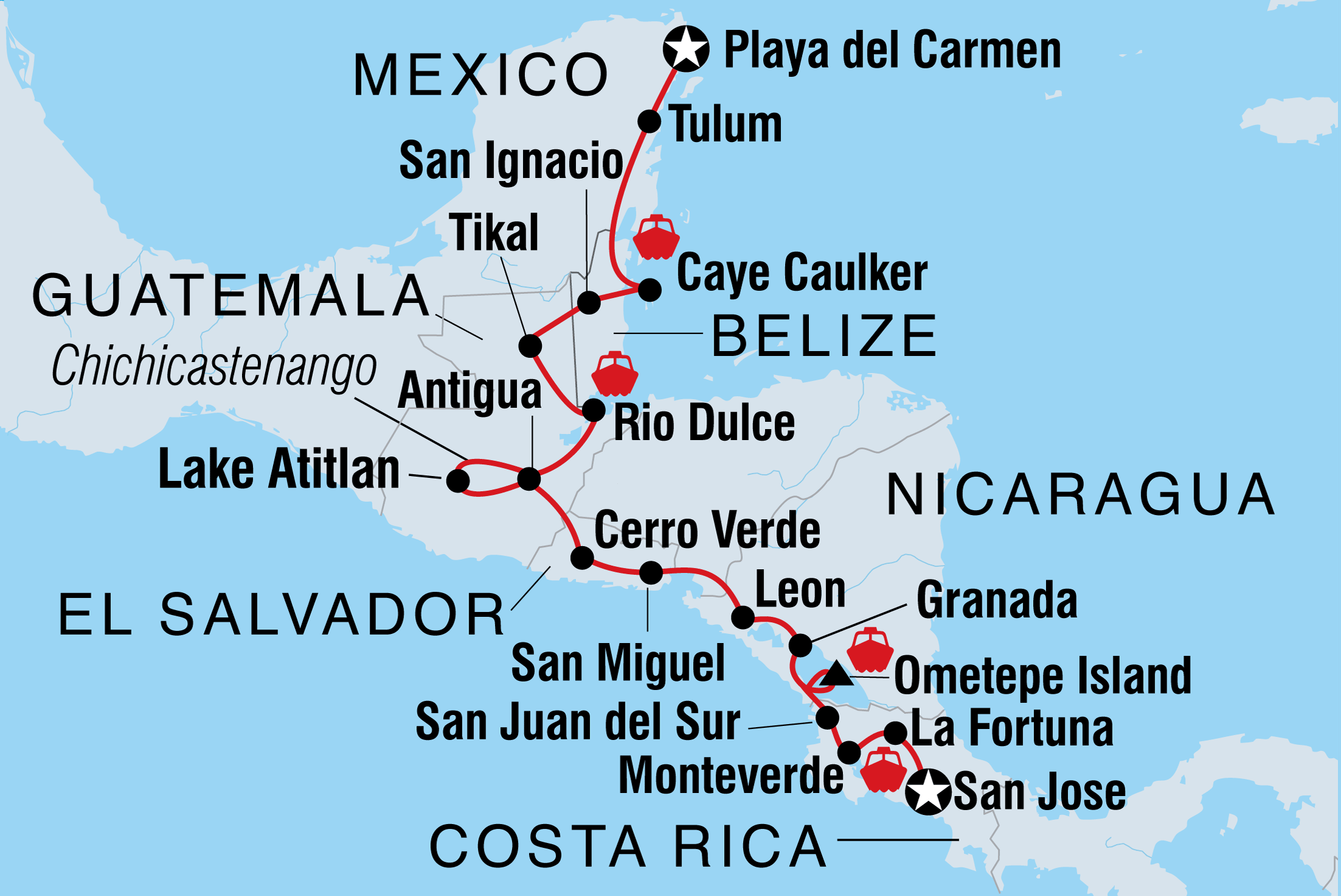Map of Epic Mexico To Costa Rica including Belize, Costa Rica, El Salvador, Guatemala, Honduras, Mexico and Nicaragua