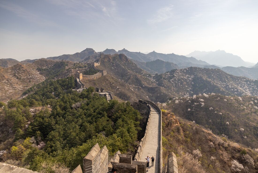 Aerial view of the Great Wall Of China and its mountainous surroundings, Beijing, China