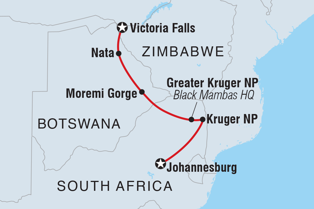Map of Kruger To Vic Falls including Botswana, South Africa and Zimbabwe