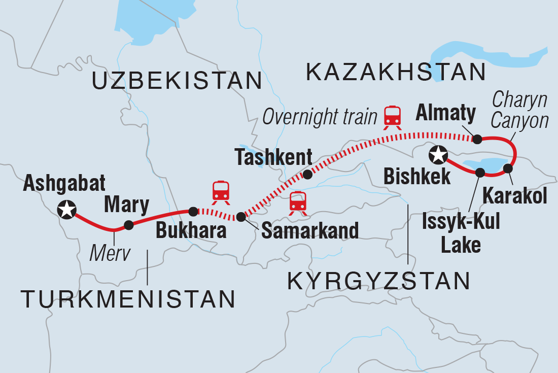 Map of Highlights Of Central Asia including Kazakhstan, Kyrgyzstan, Turkmenistan and Uzbekistan