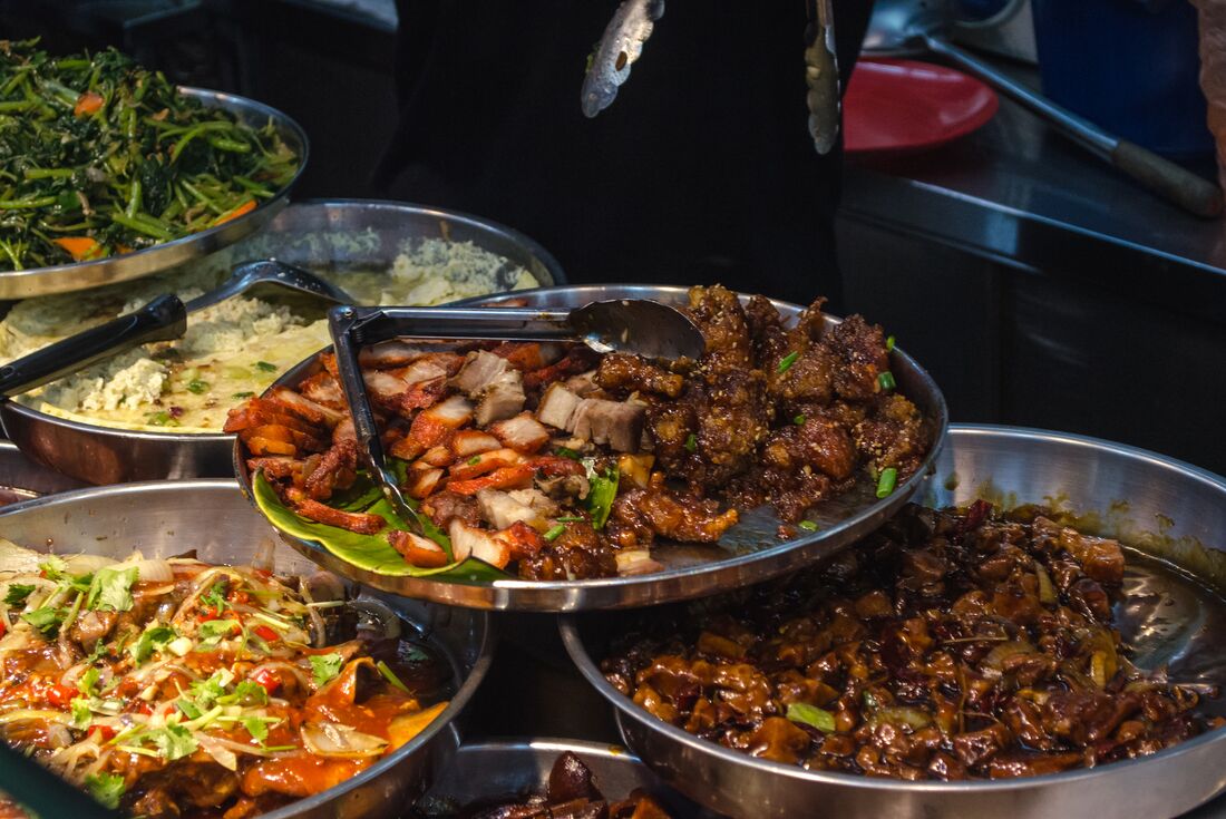 Assortment of meat and vegetable street food in Singapore