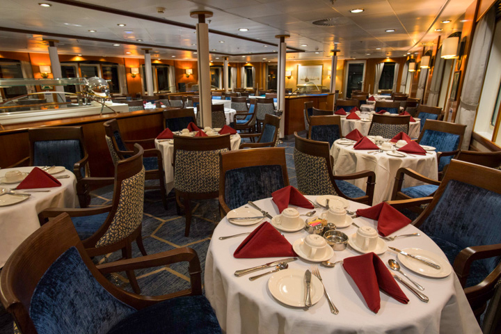 Dining room on the Ocean Adventurer ship in the Arctic