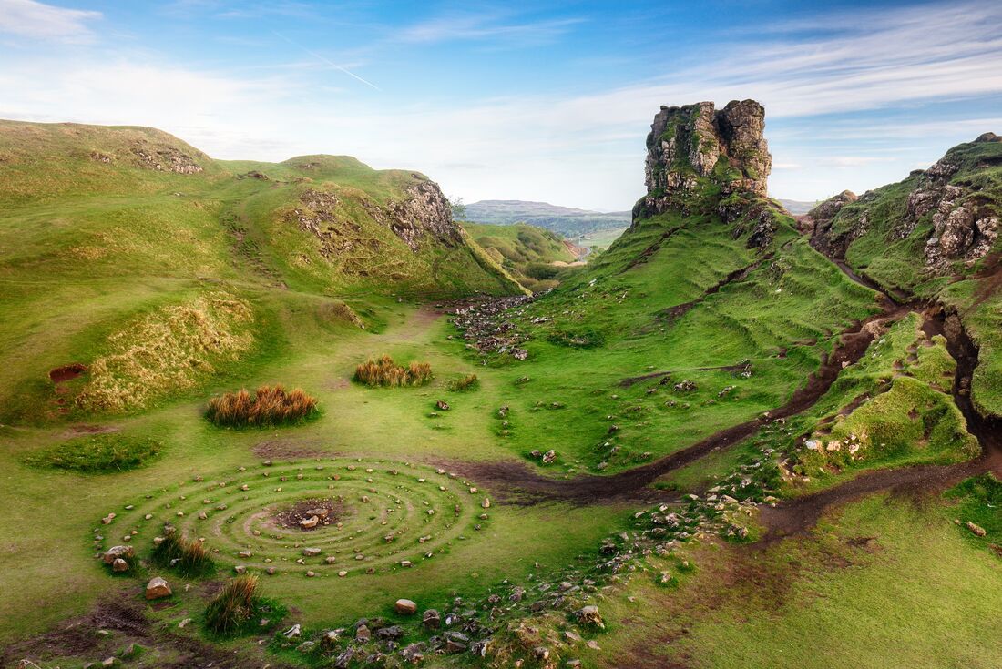 Wide view of Fairy Glen Island at Isle Of Skye, Scotland