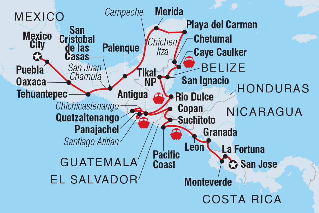 Map of Central America Explorer including Belize, Costa Rica, El Salvador, Guatemala, Honduras, Mexico and Nicaragua