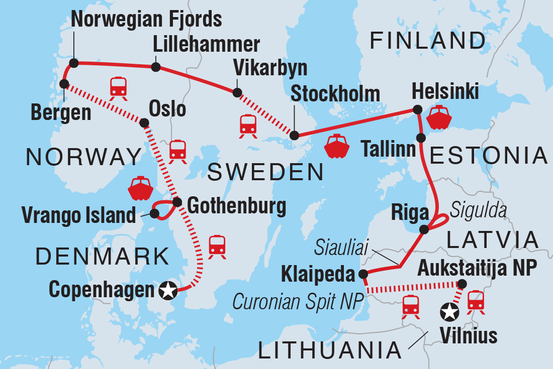 Map of Scandinavia & Baltic Circuit including Denmark, Estonia, Finland, Latvia, Lithuania, Norway and Sweden