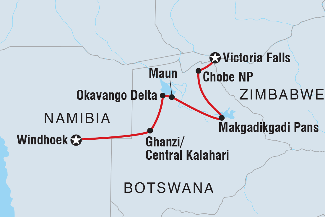 Map of Botswana Adventure including Botswana, Namibia and Zimbabwe