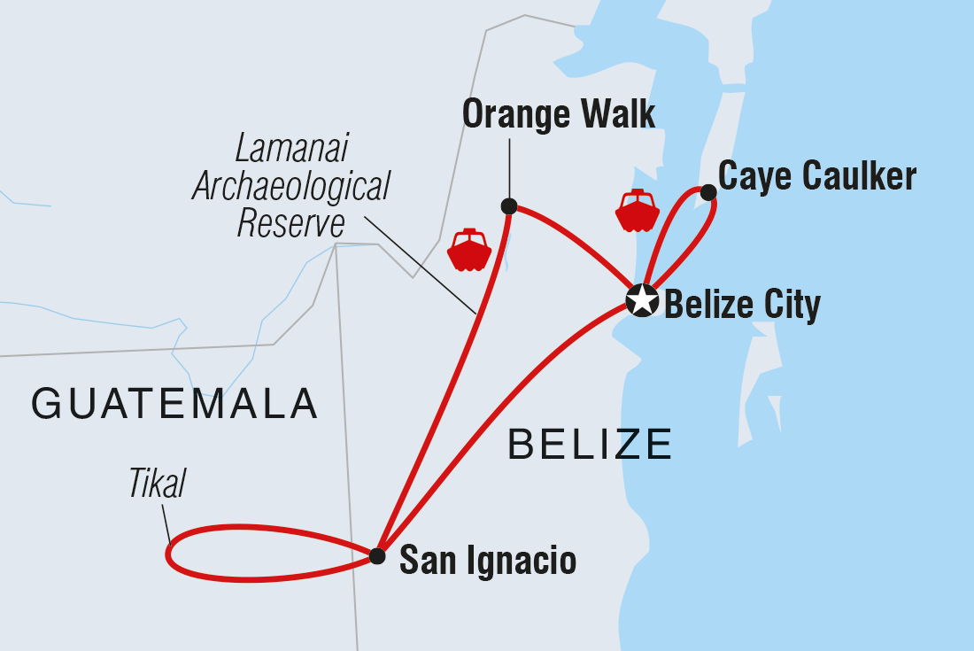 Map of Land Of Belize & Tikal including Belize and Guatemala