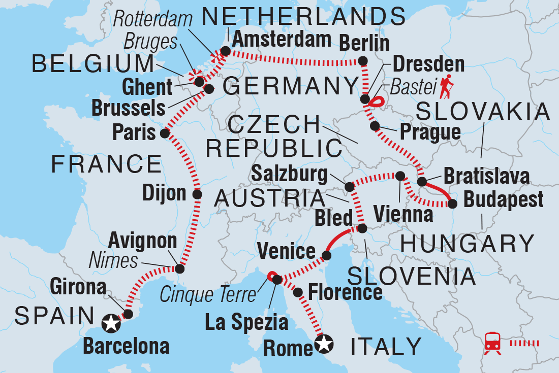 Map of Europe Explorer including Austria, Belgium, Czech Republic, France, Germany, Hungary, Italy, Netherlands, Slovakia, Slovenia and Spain