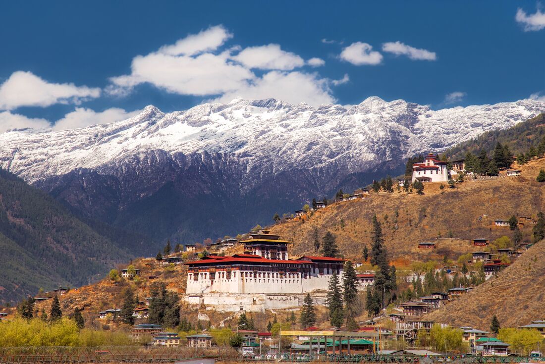 Rinpung Dzong (Monastery) sits above the city of Paro in Bhutan, at the feet of the Himalayas