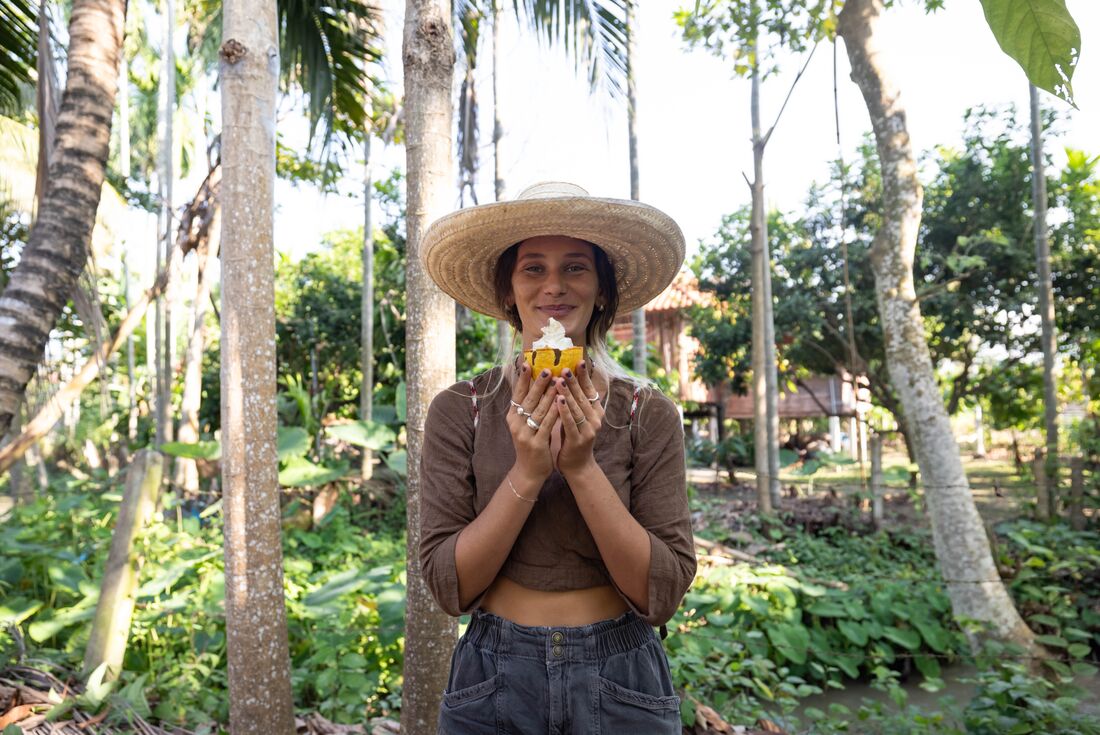 Fresh cocoa fruit with whipped cream on a farm in Thailand's countryside