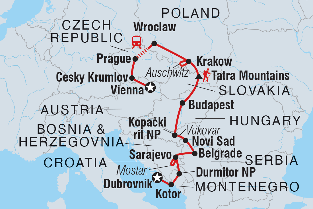 Map of Vienna To Dubrovnik including Austria, Bosnia And Herzegovina, Croatia, Czech Republic, Hungary, Montenegro, Poland, Serbia and Slovakia