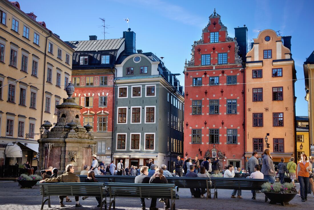 Packed 17th century buildings in the main square of Old Town Stockholm, Gamla Stan