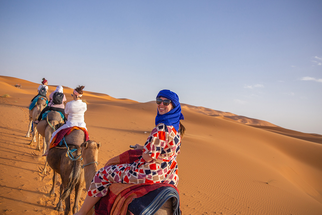 Travellers riding camel's in the Sahara, Morocco