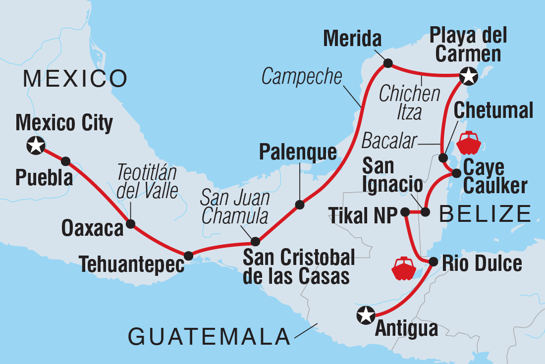 Map of Mexico City To Guatemala including Belize, Guatemala and Mexico