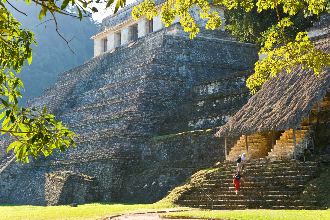 Tree branches frame the main pyramid of Templo las Inscripciones in Palenque while travellers climb an adjacent set of stairs
