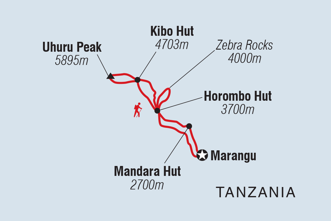Map of Kilimanjaro: Marangu Route including Tanzania, United Republic Of