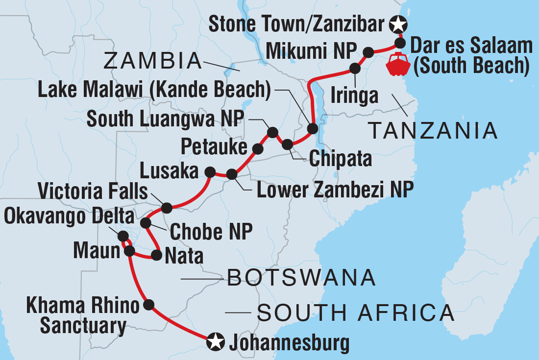 Map of Johannesburg To Zanzibar including Botswana, Malawi, South Africa, Tanzania, United Republic Of, Zambia and Zimbabwe