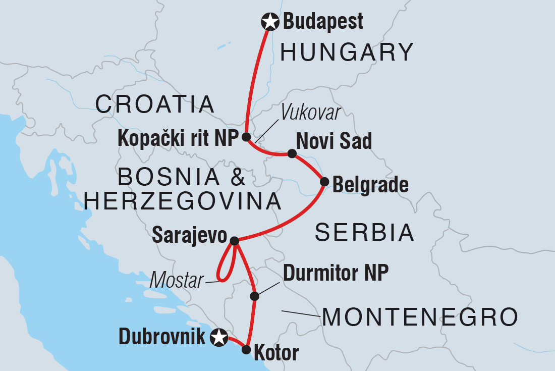 Map of Balkan Adventure including Bosnia And Herzegovina, Croatia, Hungary, Montenegro and Serbia