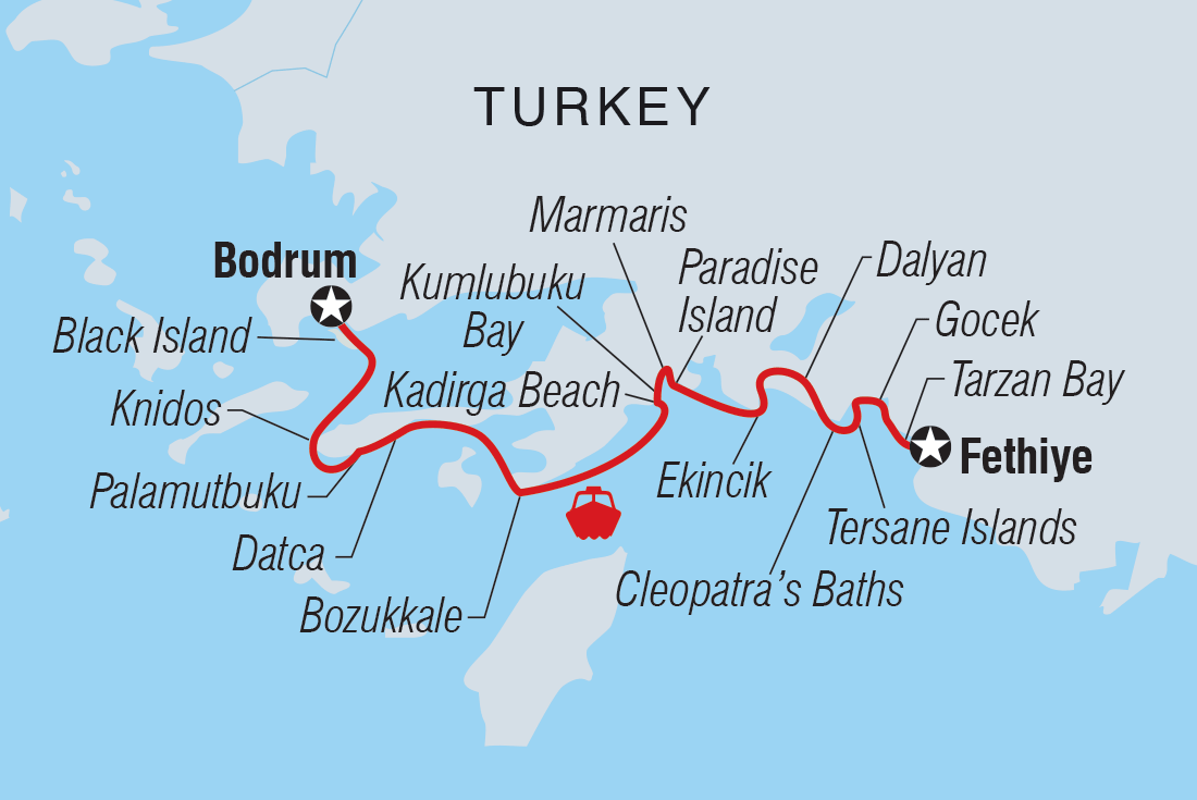 Map of Sail Turkey: Fethiye To Bodrum - (Turkish Gulet) including Turkey
