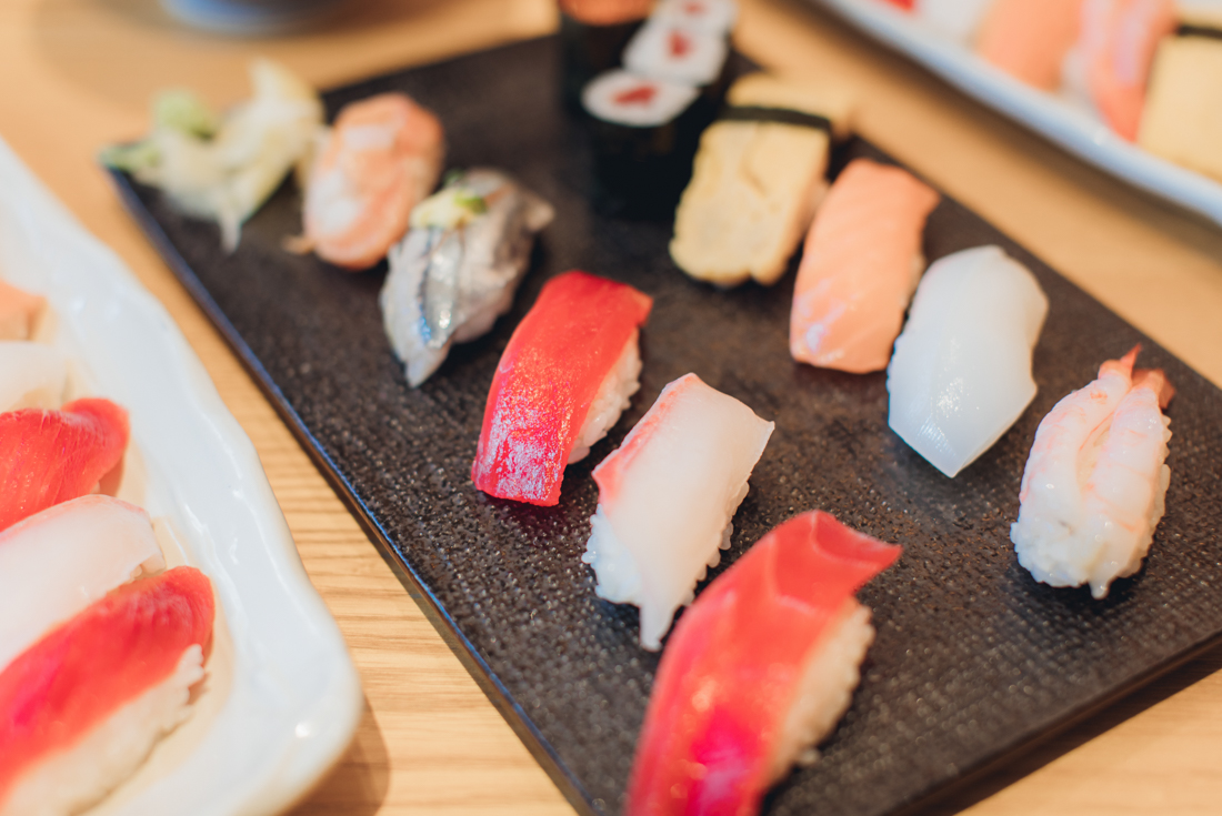Closeup of fresh sushi plated during a class in Tokyo