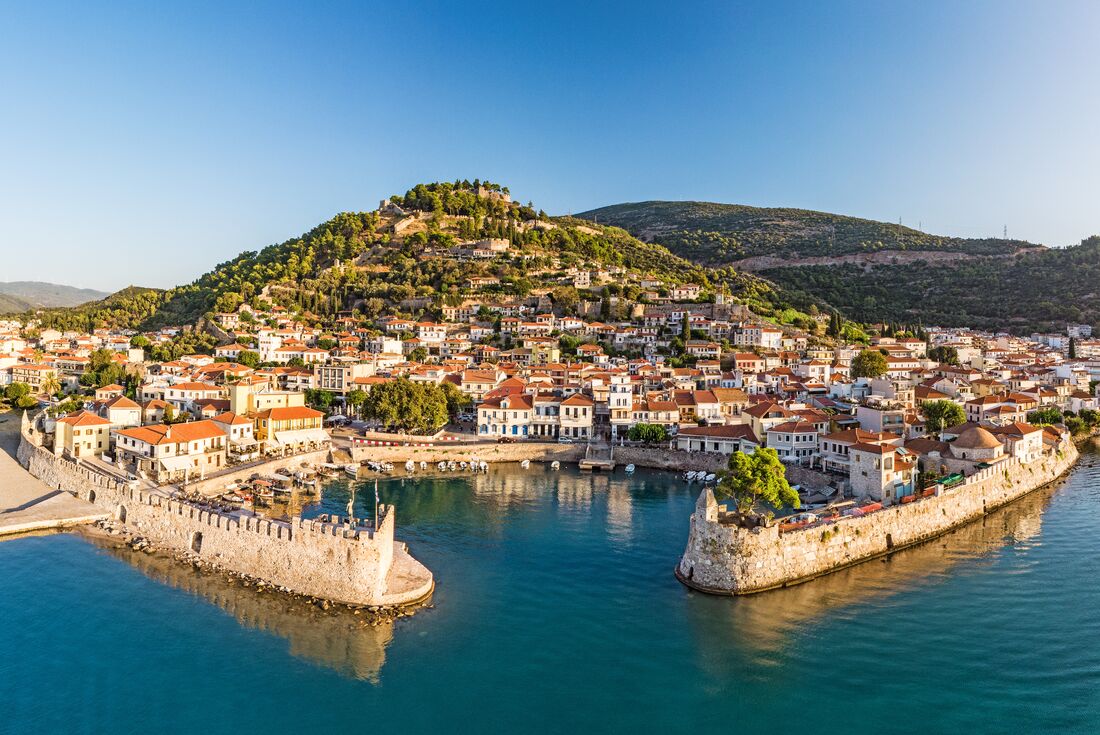 Aerial view of coastal town of Nafpaktos in Greece