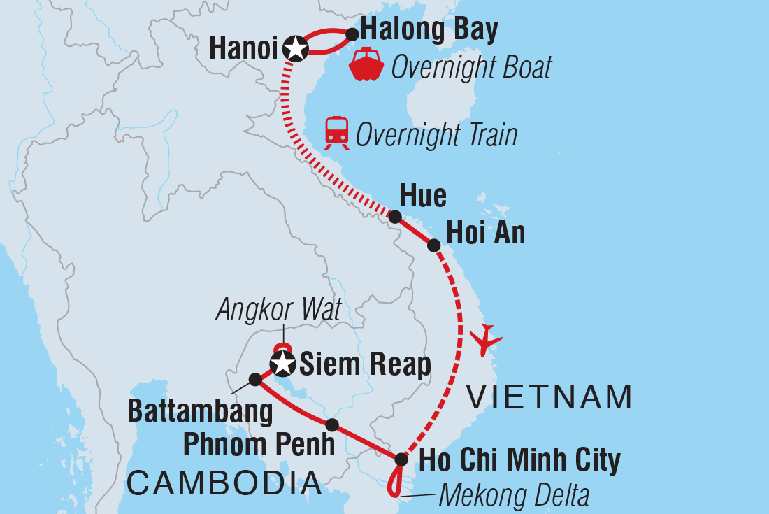 Map of Vietnam & Cambodia Highlights: Hanoi To Siem Reap including Cambodia and Vietnam