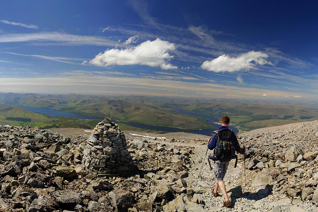 Hiker descending Ben Nevis, near Fort William, Scotland