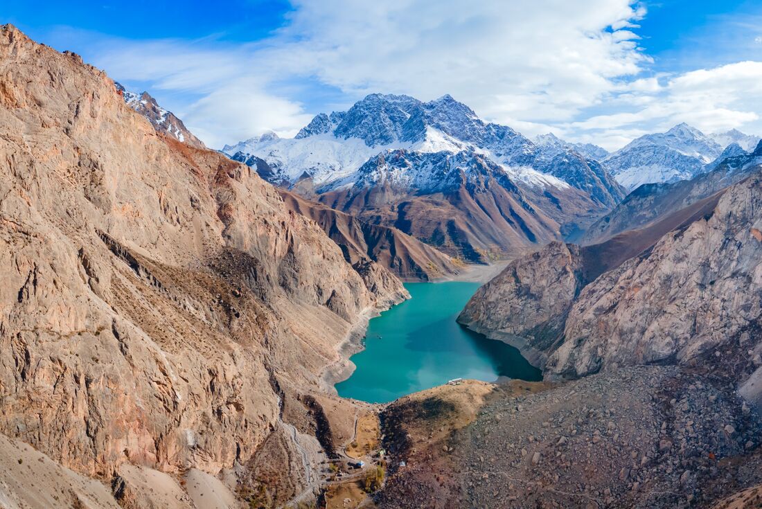The turquoise waters of Lake Marguzor in the Fann Mountains, one of Tajikistan's Seven Lakes