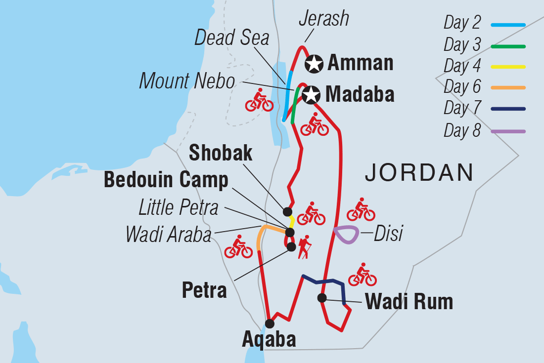 Map of Cycle Jordan: Petra, Wadi Rum & The Dead Sea including Jordan